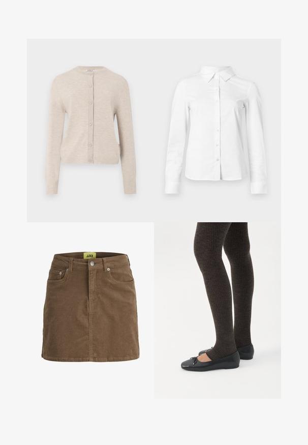 ONLY ONLCAMILLE BASIC CARDIGAN - Chaqueta de punto - pumice stone; Camisa blanca de manga larga con botones, cuello puntiagudo, bajo recto y silueta ajustada, presentada sobre un fondo claro y liso.; Minifalda de pana marrón con botones y cremallera delanteros, trabillas para cinturón y bolsillos delanteros, con etiqueta amarilla JJXX en el interior de la pretina.; Piernas con leggings oscuros acanalados combinados con bailarinas negras que presentan pequeños detalles de lazo sobre un fondo blanco.