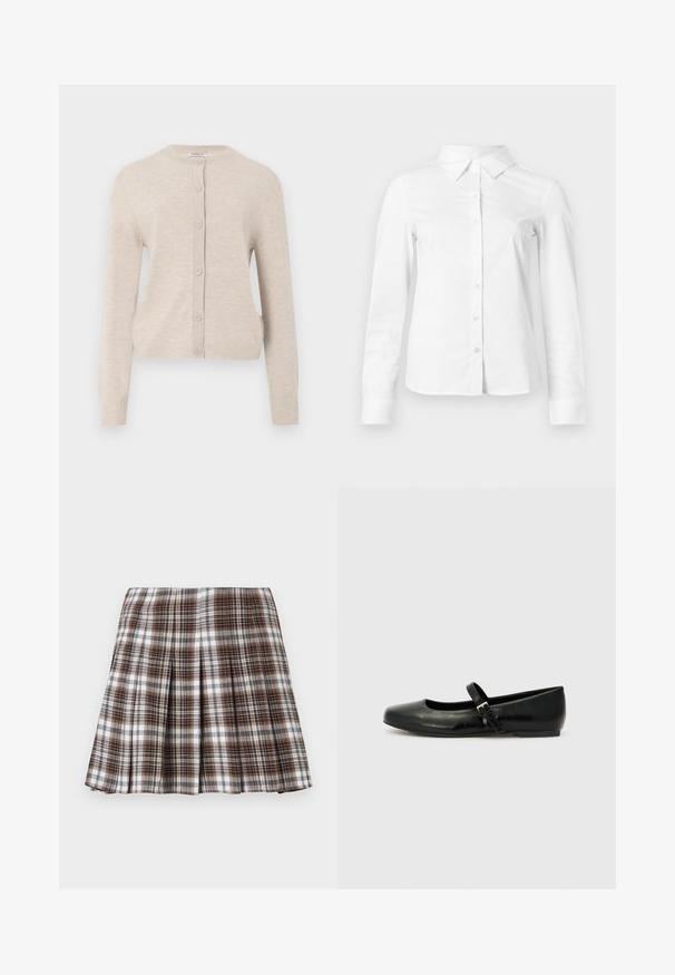 ONLY ONLCAMILLE BASIC CARDIGAN - Kardigán - pumice stone; Biela košeľa s dlhými rukávmi, zapínaná na gombíky, so špicatým golierom, priamym lemom a priliehavým strihom, zobrazená na jednoduchom svetlom pozadí.; Hnedo-biele kárované plisované sukne so štruktúrovaným dizajnom a jasnou textúrou, ktorá má vysoký pás a viaceré vertikálne záhyby.; Čierne kožené baletné poltopánky s okrúhlou špičkou, plochou podrážkou a tenkým nastaviteľným popruhom cez priehlavok s kovovou sponou.