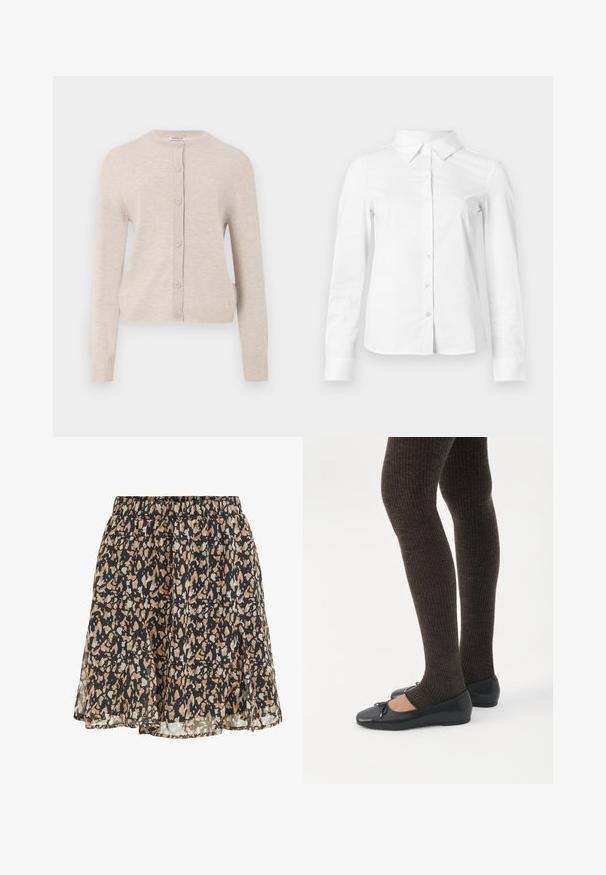 ONLY ONLCAMILLE BASIC CARDIGAN - Kardigán - pumice stone; Biela košeľa s dlhými rukávmi, zapínaná na gombíky, so špicatým golierom, priamym lemom a priliehavým strihom, zobrazená na jednoduchom svetlom pozadí.; Čierna sukňa s béžovými a svetlosivými nepravidelnými škvrnami, elastickým pásom a splývavým, mierne rozšíreným lemom.; Nohy v tmavých pásikavých legínach v kombinácii s čiernymi balerínkami s malými mašličkami na bielom pozadí.