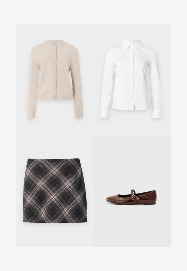 ONLY ONLCAMILLE BASIC CARDIGAN - Gilet - pumice stone; Chemise blanche à manches longues avec boutons, col pointu, ourlet droit et silhouette ajustée, présentée sur un fond clair uni.; Jupe mini à carreaux noir et beige avec un motif à checks diagonal, taille ajustée et texture de tissu lisse.; Ballerine en cuir verni marron avec un bout carré et une lanière ornée d'une petite boucle dorée. Texture lisse, talon bas et design minimaliste.