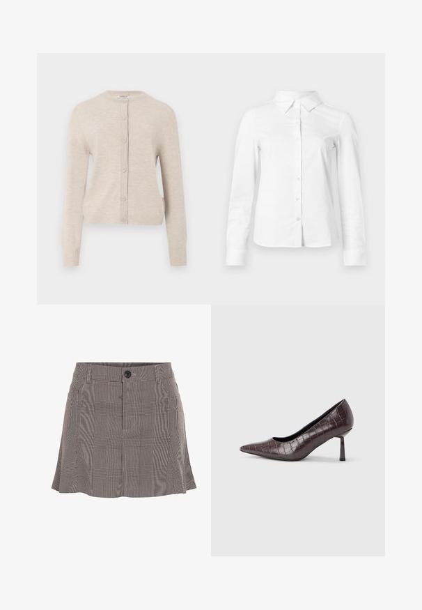 ONLY ONLCAMILLE BASIC CARDIGAN - Kardigan - pumice stone; Valge pika varrukaga nööpidega särk terava krae, sirge ääre ja vormiva siluetiga, esitatud lihtsal heledal taustal.; Mustritud seelik mustas ja valges, valmistatud kergest kangast, millel on nööbiga vöökoht ja volditud disain lisadetailide jaoks.; Pruunid kunstnahast kitsaste ninadega kontsad krokodillinahkse tekstuuriga, millel on peen ja nurkjas konts ning sile sisemine vooder.