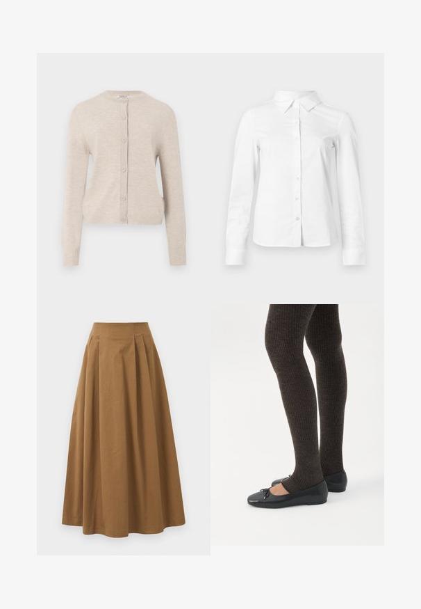 ONLY ONLCAMILLE BASIC CARDIGAN - Cardigan - pumice stone; Hvid skjorte med lange ærmer, knapper, spids krave, lige kant og tætsiddende silhuet, vist på en ensartet lys baggrund.; Brun bomulds A-linjeet nederdel med høj talje, præget af læg foran og en glat tekstur. Endeafslutningerne er enkle og rene.; Ben iført mørke ribbede leggings kombineret med sorte balletsko med små sløjfedetaljer på hvid baggrund.