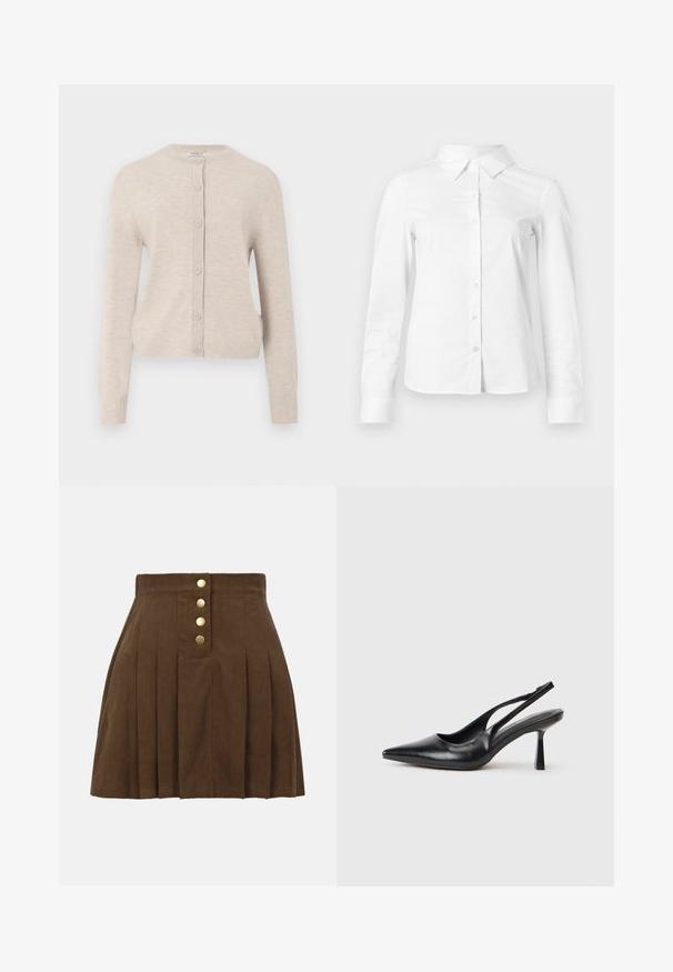 ONLY ONLCAMILLE BASIC CARDIGAN - Gilet - pumice stone; Chemise blanche à manches longues avec boutons, col pointu, ourlet droit et silhouette ajustée, présentée sur un fond clair uni.; Jupe plissée en velours côtelé marron avec taille haute et quatre boutons dorés au centre devant.; Chaussure à talon haut en cuir noir, à bride arrière, avec un bout pointu et un talon fin sur fond blanc.