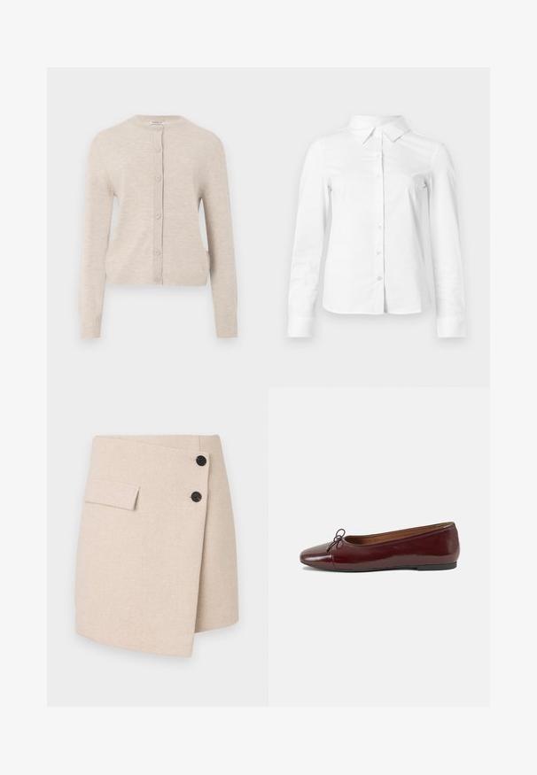 ONLY ONLCAMILLE BASIC CARDIGAN - Cardigan - pumice stone; Hvid skjorte med lange ærmer, knapper, spids krave, lige kant og tætsiddende silhuet, vist på en ensartet lys baggrund.; Beige indpakningsskørt i et tekstureret stof, med en sidelomme, to sorte knapper og en let buet kant.; Bordeaux patentlæder balletflad med rund tå, lille sløjfeaccent foran og en lav, sort gummisål. Glat tekstur.