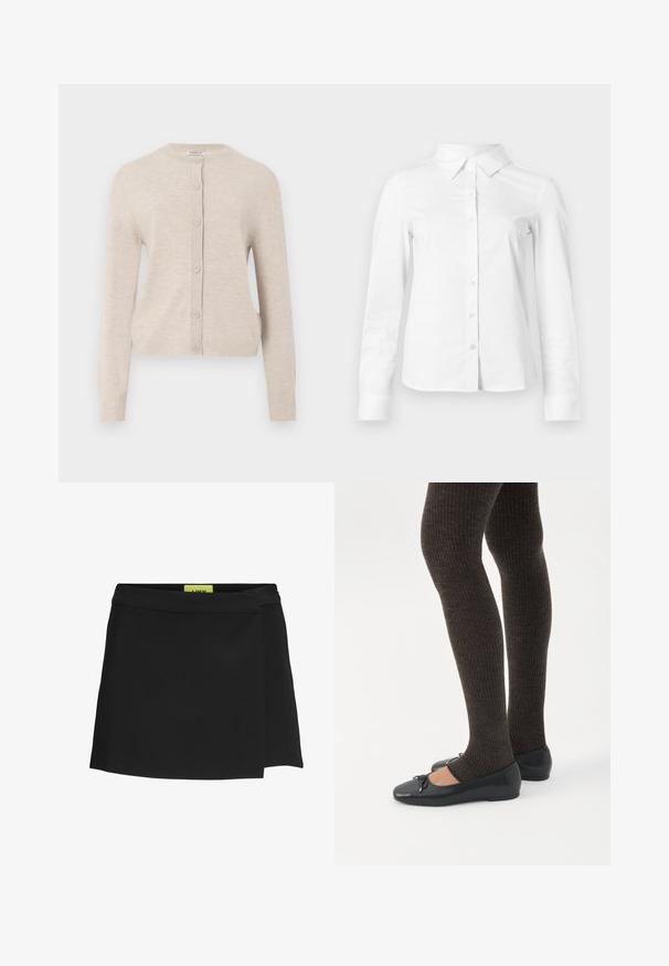 ONLY ONLCAMILLE BASIC CARDIGAN - Gilet - pumice stone; Chemise blanche à manches longues avec boutons, col pointu, ourlet droit et silhouette ajustée, présentée sur un fond clair uni.; Jupe portefeuille noire en tissu lisse, présentant une taille haute et une fente sur le côté. L'étiquette est visible dans une couleur jaune vif contrastante.; Jambes portant des leggings côtelés foncés associés à des ballerines noires avec de petits détails en nœud sur fond blanc.