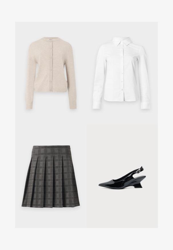 ONLY ONLCAMILLE BASIC CARDIGAN - Ζακέτα - pumice stone; Λευκό πουκάμισο με μακριά μανίκια κουμπιά, με μυτερό γιακά, ίσια τελείωμα και εφαρμοστή σιλουέτα, εμφανίζεται σε απλό φωτεινό φόντο.; Πλισέ φούστα σε γκρι καρό σχέδιο, φτιαγμένη από υφασμάτινη υφή. Διαθέτει κατακόρυφες πτυχές και ευθύ στρίφωμα.; Μαύρο παπούτσι slingback από πατενταρισμένο δέρμα με μυτερή μύτη και χαμηλό κεκλιμένο τακούνι τύπου block σε απλό φωτεινό φόντο.