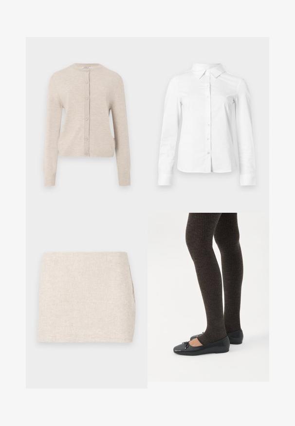 ONLY ONLCAMILLE BASIC CARDIGAN - Cardigan - pumice stone; Hvid skjorte med lange ærmer, knapper, spids krave, lige kant og tætsiddende silhuet, vist på en ensartet lys baggrund.; Beige linnedyr med et minimalistisk design, der har en glat tekstur og en subtil vævning. Det har en lige, simpel skæring uden synlige lukninger.; Ben iført mørke ribbede leggings kombineret med sorte balletsko med små sløjfedetaljer på hvid baggrund.