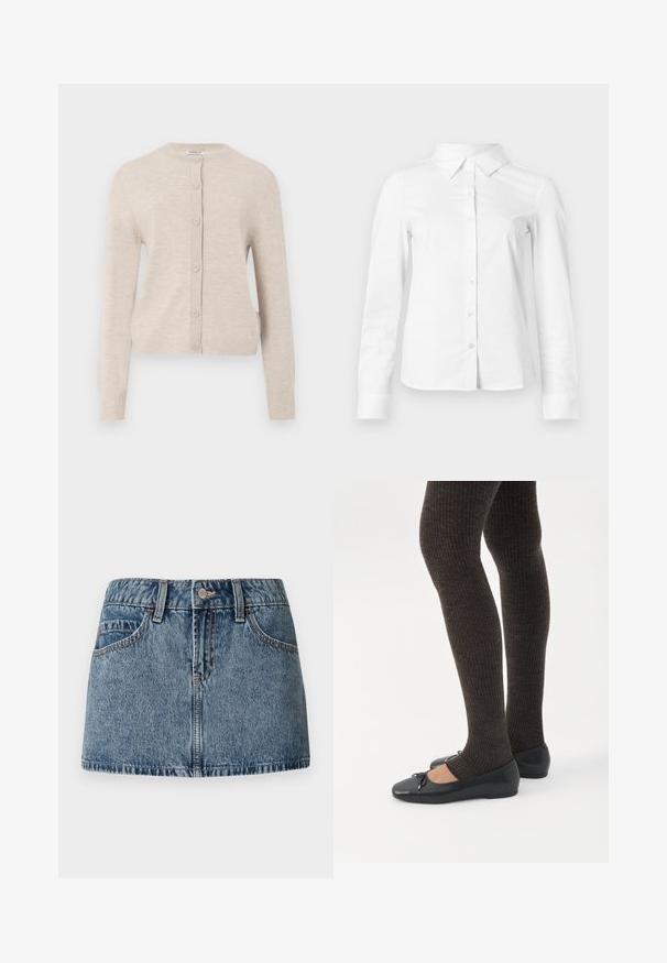 ONLY ONLCAMILLE BASIC CARDIGAN - Vest - pumice stone; Witte blouse met lange mouwen en knopen, met puntige kraag, rechte zoom en aansluitende silhouet, weergegeven op een effen lichte achtergrond.; Denim mini-jurk in een medium blauwe wash, met een aansluitende taille, voorzakken en subtiele stiksels. Glad, gestructureerd stoffenafwerking.; Benen met donkere geribbelde leggings gecombineerd met zwarte ballerina's met kleine strikdetails op een witte achtergrond.
