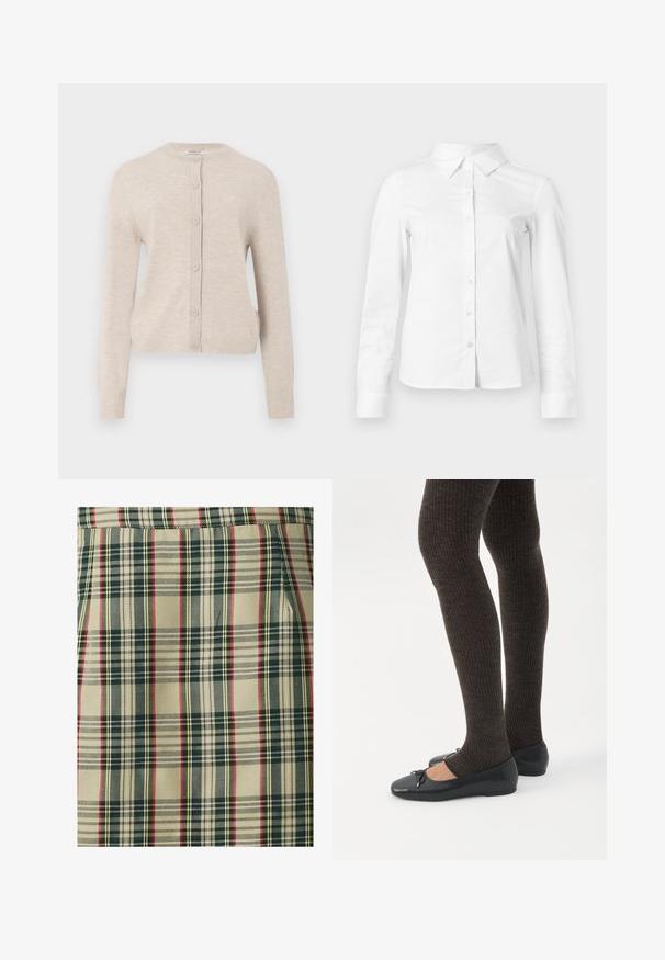 ONLY ONLCAMILLE BASIC CARDIGAN - Chaqueta de punto - pumice stone; Camisa blanca de manga larga con botones, cuello puntiagudo, bajo recto y silueta ajustada, presentada sobre un fondo claro y liso.; Tela de cuadros con un fondo beige y líneas en verde oscuro, rojo y amarillo. Tejido texturizado con un diseño estructurado, que muestra patrones distintos.; Piernas con leggings oscuros acanalados combinados con bailarinas negras que presentan pequeños detalles de lazo sobre un fondo blanco.