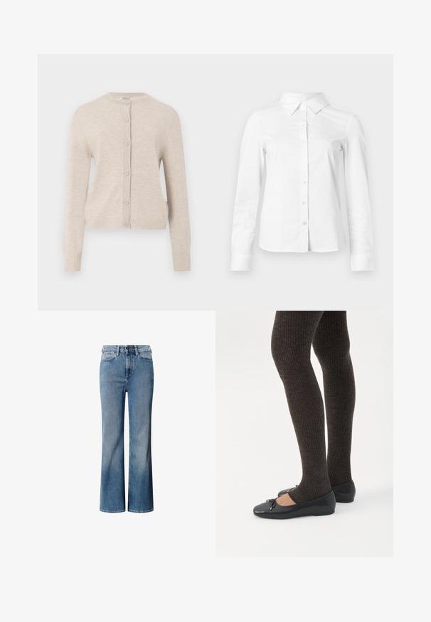 ONLY ONLCAMILLE BASIC CARDIGAN - Vest - pumice stone; Witte blouse met lange mouwen en knopen, met puntige kraag, rechte zoom en aansluitende silhouet, weergegeven op een effen lichte achtergrond.; Blauwe denim jeans met een hoge taille, wijd uitlopend ontwerp en een vervaagde wassing. Heeft een klassieke vijf-pocket stijl en een sluiting met een knoop aan de voorkant.; Benen met donkere geribbelde leggings gecombineerd met zwarte ballerina's met kleine strikdetails op een witte achtergrond.