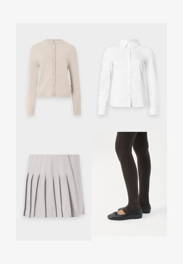 ONLY ONLCAMILLE BASIC CARDIGAN - Chaqueta de punto - pumice stone; Camisa blanca de manga larga con botones, cuello puntiagudo, bajo recto y silueta ajustada, presentada sobre un fondo claro y liso.; Falda gris con pliegues y una textura suave, que presenta múltiples pliegues verticales y una cintura ajustada. Fabricada con un tejido ligero.; Piernas con leggings oscuros acanalados combinados con bailarinas negras que presentan pequeños detalles de lazo sobre un fondo blanco.