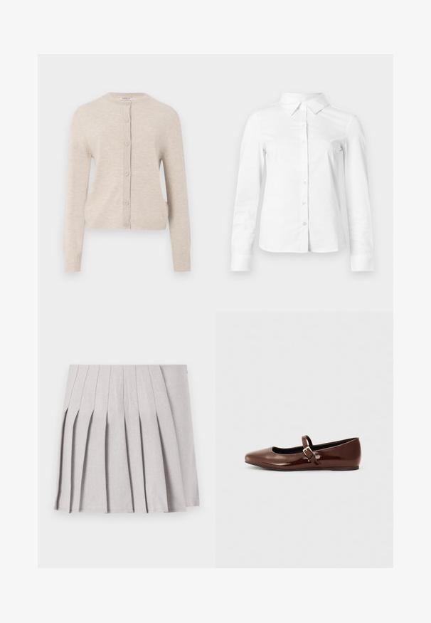 ONLY ONLCAMILLE BASIC CARDIGAN - Ζακέτα - pumice stone; Λευκό πουκάμισο με μακριά μανίκια κουμπιά, με μυτερό γιακά, ίσια τελείωμα και εφαρμοστή σιλουέτα, εμφανίζεται σε απλό φωτεινό φόντο.; Γκρι πλισέ φούστα με λεία υφή, που διαθέτει πολλαπλές κατακόρυφες πτυχές και εφαρμοστή μέση. Κατασκευασμένη από ελαφρύ ύφασμα.; Καφέ πατεντα δερμάτινη μπαλαρίνα με τετράγωνη μύτη και λουράκι που διαθέτει μια μικρή χρυσή πόρπη. Λείος υφή, χαμηλό τακούνι και μινιμαλιστικός σχεδιασμός.