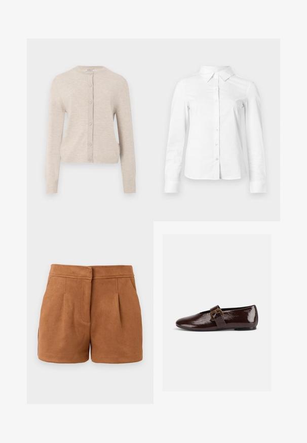 ONLY ONLCAMILLE BASIC CARDIGAN - Gilet - pumice stone; Chemise blanche à manches longues avec boutons, col pointu, ourlet droit et silhouette ajustée, présentée sur un fond clair uni.; Shorts en faux suède brun avec un design ajusté, dotés de deux poches avant et de plis subtils, offrant une texture lisse et douce.; Chaussure plate en cuir verni marron foncé avec une large bride à boucle dorée et un bout arrondi, présentée de profil sur fond blanc.