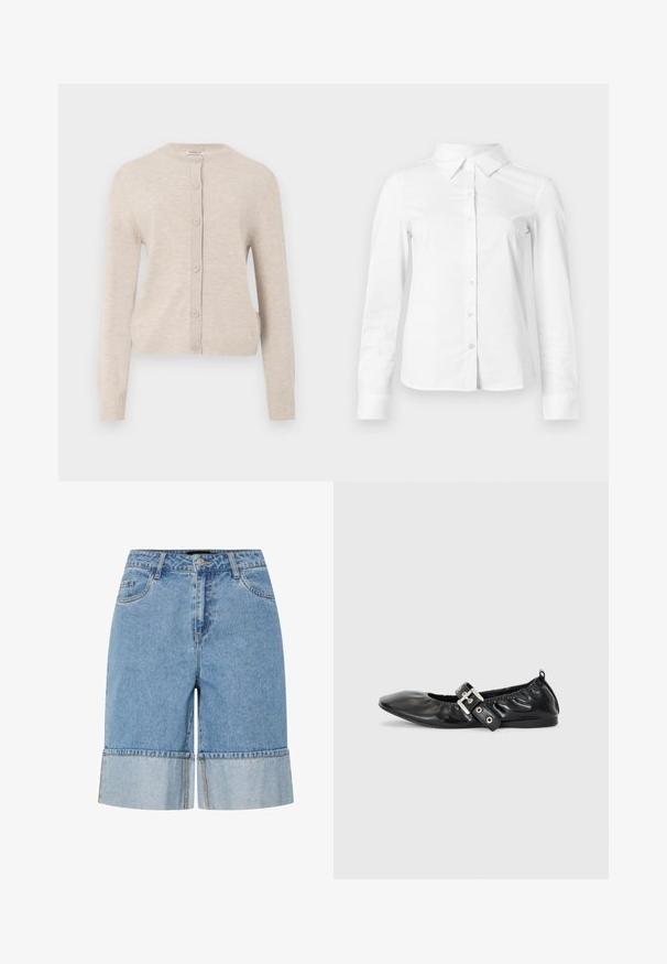ONLY ONLCAMILLE BASIC CARDIGAN - Ζακέτα - pumice stone; Λευκό πουκάμισο με μακριά μανίκια κουμπιά, με μυτερό γιακά, ίσια τελείωμα και εφαρμοστή σιλουέτα, εμφανίζεται σε απλό φωτεινό φόντο.; Τζιν σορτσάκι σε ανοιχτό μπλε με γυριστό στρίφωμα, που διαθέτει κουμπί, θηλιές για ζώνη και δύο μπροστινές τσέπες. Απαλή υφή και χαλαρός σχεδιασμός.; Μαύρο δερμάτινο φλατ παπούτσι με μυτερή μύτη, συγκεντρωμένες λεπτομέρειες γύρω από το άνοιγμα και μια ασημένια αγκράφα ως λεπτομέρεια στη ρυθμιζόμενη λουρίδα.