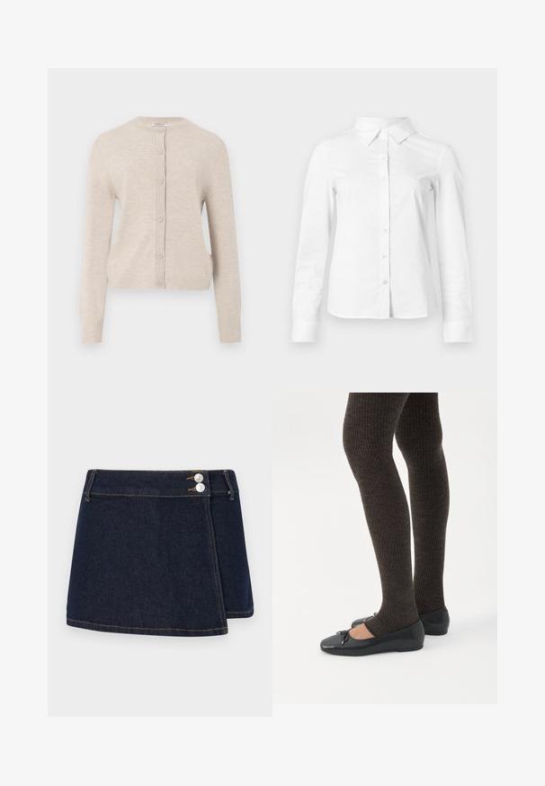 ONLY ONLCAMILLE BASIC CARDIGAN - Kardigán - pumice stone; Biela košeľa s dlhými rukávmi, zapínaná na gombíky, so špicatým golierom, priamym lemom a priliehavým strihom, zobrazená na jednoduchom svetlom pozadí.; Tmavomodrá denimová sukňa s prekrývajúcim dizajnom, dvoma striebornými gombíkmi v páse a kontrastným šitím pozdĺž lemu a švov.; Nohy v tmavých pásikavých legínach v kombinácii s čiernymi balerínkami s malými mašličkami na bielom pozadí.