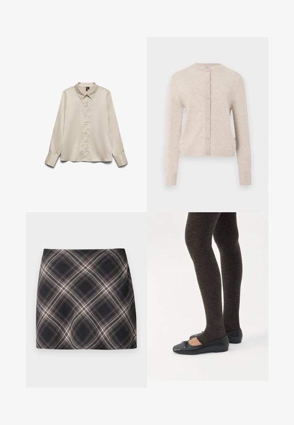 ONLY ONLCAMILLE BASIC CARDIGAN - Chaqueta de punto - pumice stone; Blusa de manga larga color beige claro hecha de tejido suave, con cuello puntiagudo, cierre de botones completo y puños de un botón.; Minifalda a cuadros en negro y beige con patrón de cuadros diagonal, cintura ajustada y textura de tela suave.; Piernas con leggings oscuros acanalados combinados con bailarinas negras que presentan pequeños detalles de lazo sobre un fondo blanco.