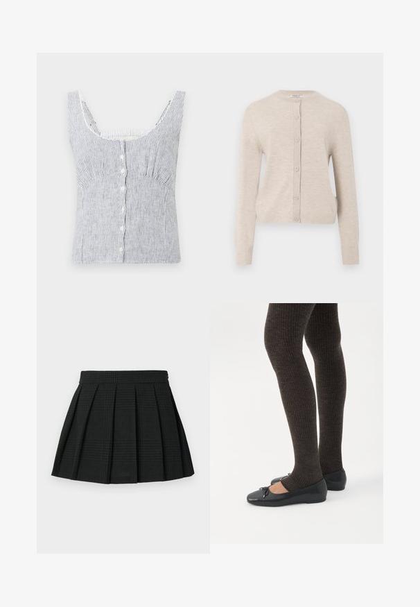ONLY ONLCAMILLE BASIC CARDIGAN - Neuletakki - pumice stone; Valkoinen ja harmaa pystysuoraviiruinen sleeveless napitettava paita, jossa on leveät hihnat ja istuva rintaosa, esitelty yksinkertaisella taustalla.; Mustat laskostetut hameet, jotka on valmistettu tekstuurikoosta. Ominaisuuksina vyötärönauha ja hillitty ruutukuvio koko hameen ajan. Lyhyt pituus ja kerrokselliset laskokset.; Jalat, joissa tummat ribbineuleiset leggingsit yhdistettynä mustiin balettitossuihin, joissa on pienet rusettikoristeet valkoisella taustalla.