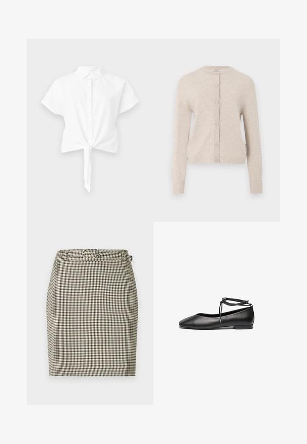 ONLY ONLCAMILLE BASIC CARDIGAN - Ζακέτα - pumice stone; Λευκό cropped πουκάμισο από βαμβάκι με κοντά μανίκια, με κουμπιά μπροστά και κορδόνι στο κάτω μέρος. Λείος υφασμάτινος ιστός, κλασικό γιακά.; Κοντή φούστα με σχέδιο καρό ψαροκόκαλο, σε μπεζ και μαύρο χρώμα, με εφαρμοστή γραμμή και θηλιές για ζώνη στη μέση.; Μαύρες δερμάτινες μπαλαρίνες με μυτερή μύτη, επίπελο τακούνι και λεπτομέρεια δέσιμου γύρω από τον αστράγαλο. Λείο υλικό, μινιμαλιστικός σχεδιασμός.