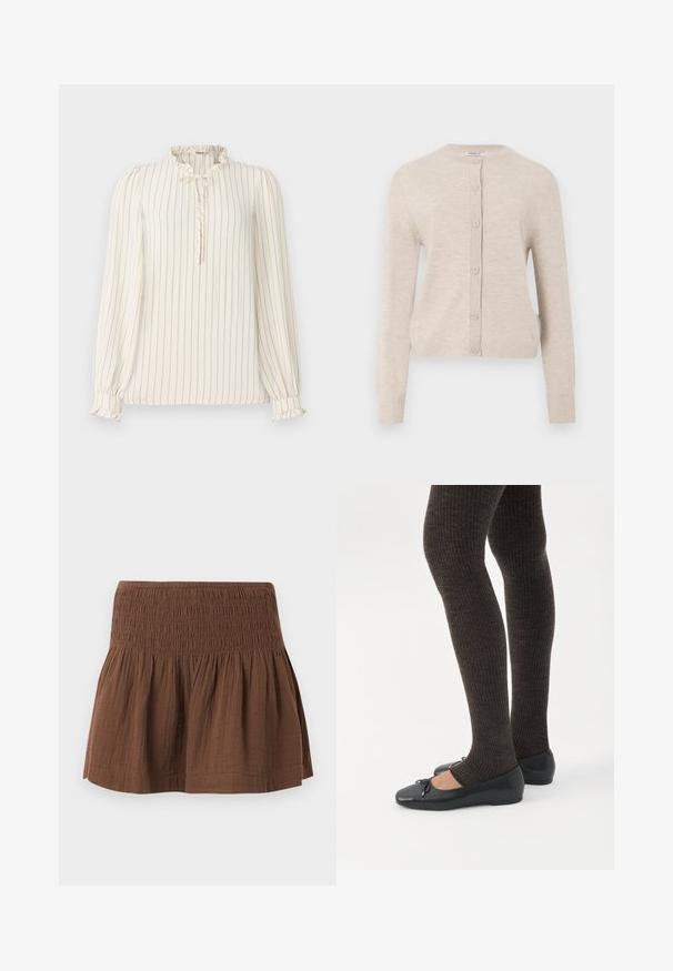 ONLY ONLCAMILLE BASIC CARDIGAN - Ζακέτα - pumice stone; Μπλούζα με μακριά μανίκια σε κρέμα απόχρωση με ναυτικές κατακόρυφες ρίγες, ραμμένο γιακά και λεπτομέρεια κλειδώματος με κουμπί; ελαστικοί καρποί με ρίγες.; Καφέ μίνι φούστα με ελαστική ζώνη τύπου smocked και συγκεντρωμένο ύφασμα στο κάτω μέρος, κατασκευασμένη από υφή ελαφρύ υλικό.; Πόδια με σκουρόχρωμα ριμπ κολάν συνδυασμένα με μαύρα μπαλαρίνα παπούτσια με μικρές λεπτομέρειες φιόγκων σε λευκό φόντο.