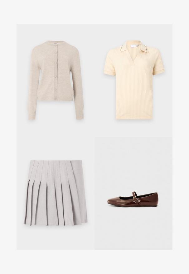 ONLY ONLCAMILLE BASIC CARDIGAN - Gilet - pumice stone; Chemise crème à manches courtes en tricot côtelé avec un col en V, un col comportant des coutures décoratives subtiles et des manches retroussées.; Jupe plissée grise au toucher lisse, dotée de multiples plis verticaux et d'une taille ajustée. Fabriquée en tissu léger.; Ballerine en cuir verni marron avec un bout carré et une lanière ornée d'une petite boucle dorée. Texture lisse, talon bas et design minimaliste.