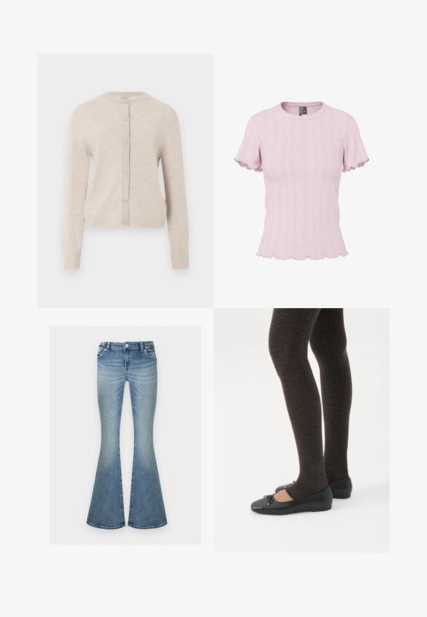 ONLY ONLCAMILLE BASIC CARDIGAN - Cardigan - pumice stone; Light pink ribbed short-sleeve knit top with scalloped edges on sleeves and hem, round neckline, and subtle vertical pattern.; Light blue faded denim jeans with a high waist and flared wide legs, featuring front pockets and a button closure.; Legs wearing dark ribbed leggings paired with black ballet flats featuring small bow details on a white background.
