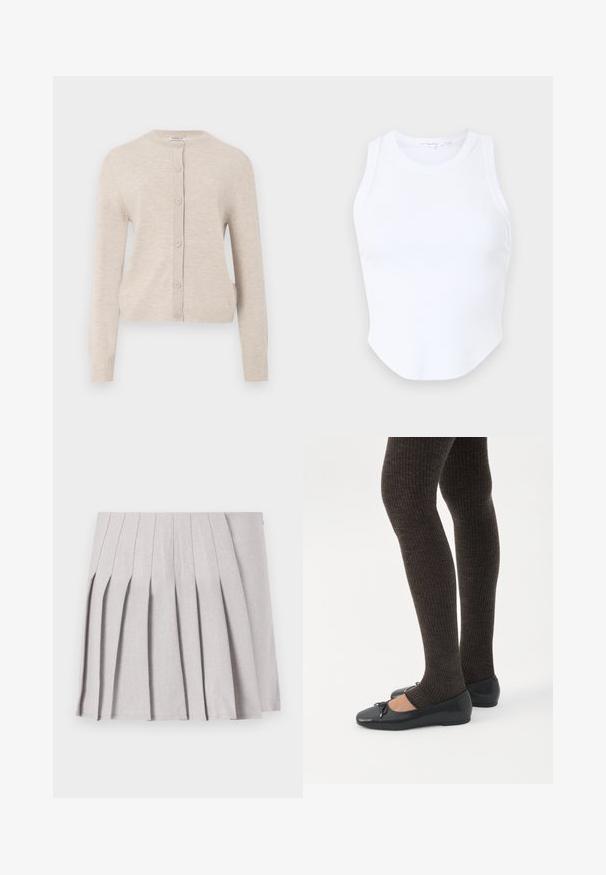 ONLY ONLCAMILLE BASIC CARDIGAN - Vest - pumice stone; Good American MICRO TANK - Top - white; Grijze geplooide rok met een soepele textuur, voorzien van meerdere verticale plooien en een aansluitende taille. Gemaakt van lichte stof.; Benen met donkere geribbelde leggings gecombineerd met zwarte ballerina's met kleine strikdetails op een witte achtergrond.
