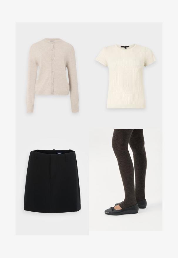 ONLY ONLCAMILLE BASIC CARDIGAN - Gilet - pumice stone; Haut en tricot crème à manches courtes avec texture côtelée et petit motif de points perforés, encolure ronde et silhouette ajustée.; Jupe noire avec une texture de tissu lisse, au design minimaliste, deux poches avant et une longueur mi-cuisse. Comprend des passants de ceinture à la taille.; Jambes portant des leggings côtelés foncés associés à des ballerines noires avec de petits détails en nœud sur fond blanc.