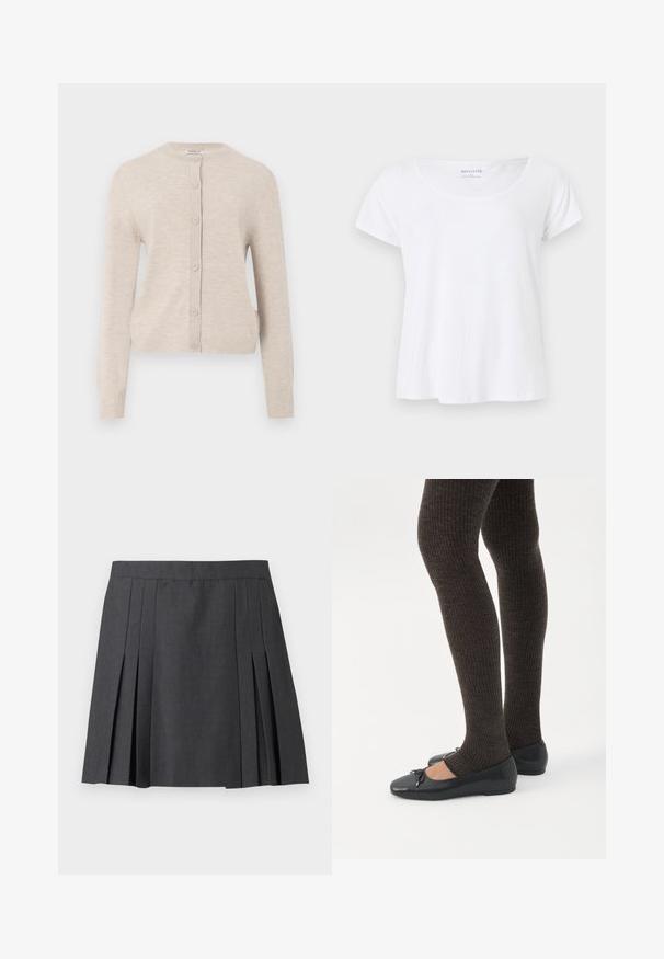 ONLY ONLCAMILLE BASIC CARDIGAN - Vest - pumice stone; Witte T-shirt met korte mouwen en ronde hals, maat small, effen ontwerp, weergegeven tegen een lichtgrijze achtergrond.; ONLY ONLMARION PLEAT SKIRT - Minirok - dark grey melange; Benen met donkere geribbelde leggings gecombineerd met zwarte ballerina's met kleine strikdetails op een witte achtergrond.