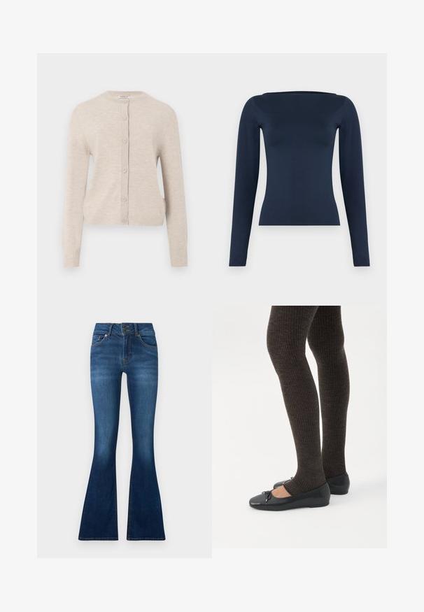 ONLY ONLCAMILLE BASIC CARDIGAN - Chaqueta de punto - pumice stone; Top de mujer ajustado de manga larga en azul marino, con un escote ancho tipo barco y un acabado de tela lisa y elástica.; Jeans acampanados de mezclilla azul oscura. Cuenta con cierre de dos botones, cinco bolsillos y detalles de desvanecimiento en las piernas. Diseño de cintura estándar.; Piernas con leggings oscuros acanalados combinados con bailarinas negras que presentan pequeños detalles de lazo sobre un fondo blanco.