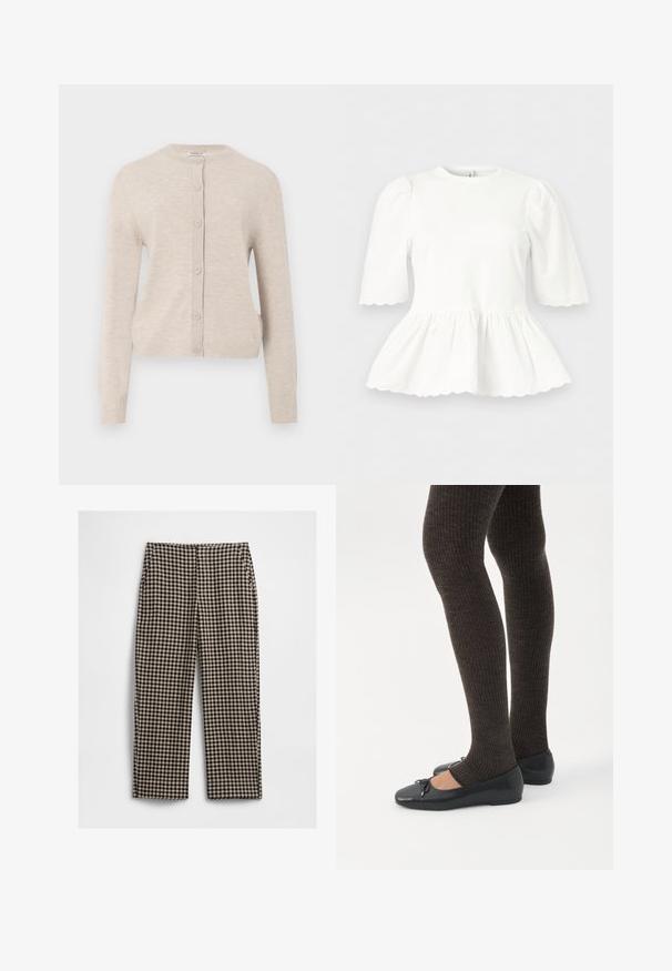 ONLY ONLCAMILLE BASIC CARDIGAN - Ζακέτα - pumice stone; Λευκό πουκάμισο με φουσκωτά μανίκια μέχρι τους αγκώνες, στυλ που συγκεντρώνεται στη μέση, και κυματιστά τελειώματα στα μανίκια και στο τελείωμα, παρουσιάζεται σε απλό φόντο.; Παντελόνια με ίσια γραμμή, ασπρόμαυρο και μπεζ καρό σχέδιο, επίπεδη μπροστινή όψη και πλαϊνές τσέπες, εμφανίζονται σε απλό λευκό φόντο.; Πόδια με σκουρόχρωμα ριμπ κολάν συνδυασμένα με μαύρα μπαλαρίνα παπούτσια με μικρές λεπτομέρειες φιόγκων σε λευκό φόντο.