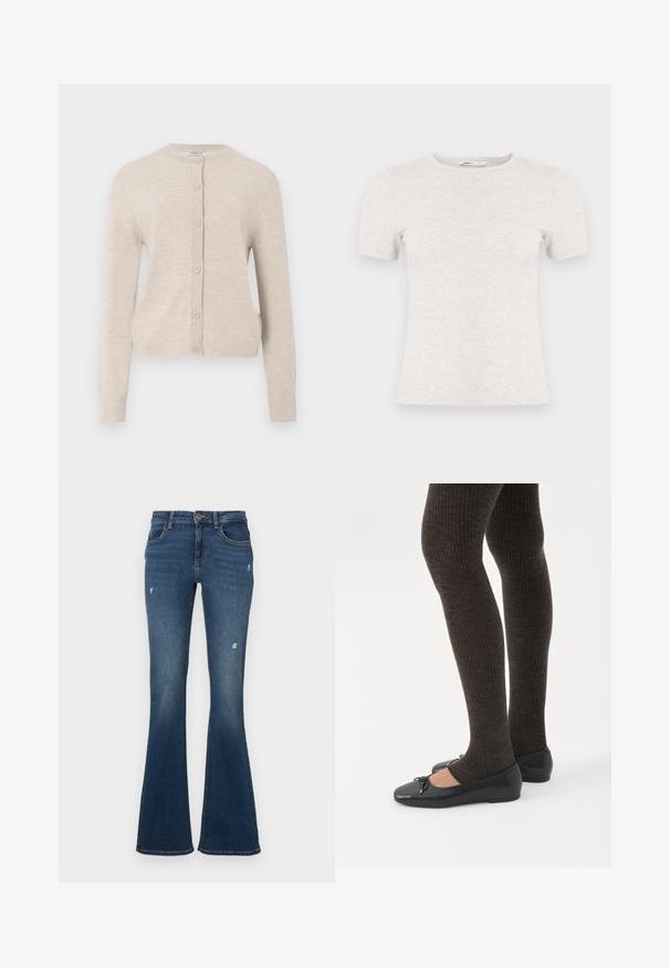 ONLY ONLCAMILLE BASIC CARDIGAN - Cardigan - pumice stone; Lysegrå kortærmet t-shirt lavet af ribstrikket stof med rund halsudskæring. Simpelt design, glat tekstur, uden synlige mønstre eller accenter.; Flared jeans i mørkeblå denim med slidte områder. Har fem lommer og lynlås foran. Mellemvægtigt stof med en glat tekstur.; Ben iført mørke ribbede leggings kombineret med sorte balletsko med små sløjfedetaljer på hvid baggrund.