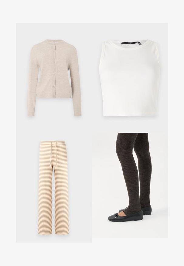 ONLY ONLCAMILLE BASIC CARDIGAN - Ζακέτα - pumice stone; Λευκό ριμπ αμάνικο τοπ με στρογγυλή λαιμόκοψη. Το ύφασμα φαίνεται απαλό και ελαστικό, χωρίς ορατές διακοσμήσεις ή σχέδια.; Ριγαδωτά παντελόνια φαρδιάς γραμμής σε μπεζ και κρεμ, κατασκευασμένα από απαλό ύφασμα με σφιγκτήρα στη μέση και άνετη εφαρμογή. Κάθετο ριγέ μοτίβο σε όλο το μήκος.; Πόδια με σκουρόχρωμα ριμπ κολάν συνδυασμένα με μαύρα μπαλαρίνα παπούτσια με μικρές λεπτομέρειες φιόγκων σε λευκό φόντο.