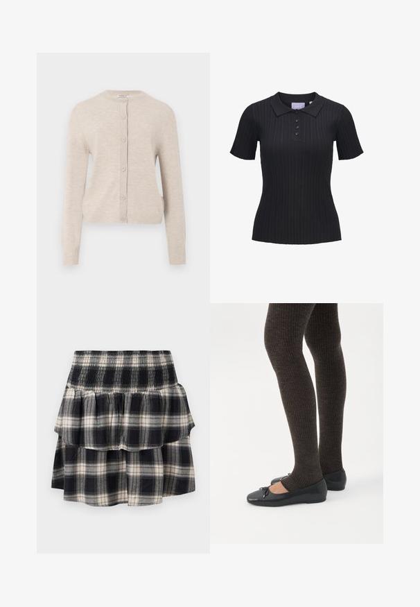 ONLY ONLCAMILLE BASIC CARDIGAN - Chaqueta de punto - pumice stone; Camiseta tipo polo negra de manga corta con tejido de punto acanalado, cuatro botones y cuello tradicional.; Falda de cuadros en blanco y negro con cintura fruncida. Presenta capas con volantes y una textura suave de algodón.; Piernas con leggings oscuros acanalados combinados con bailarinas negras que presentan pequeños detalles de lazo sobre un fondo blanco.