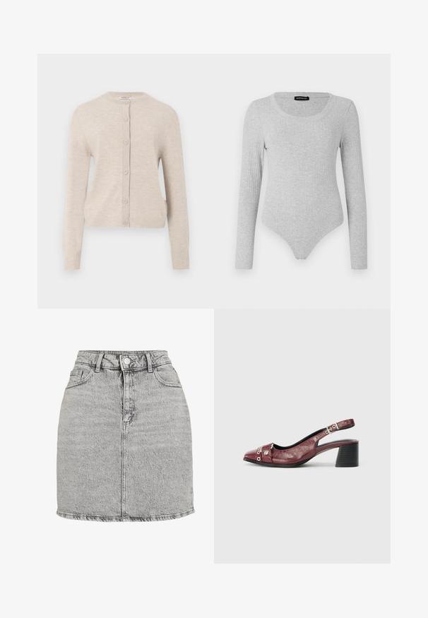 ONLY ONLCAMILLE BASIC CARDIGAN - Cardigan - pumice stone; Langærmet bodysuit i lysegrå ribbet stof, med en scoop-udskæring og en tætsiddende silhuet samt en thong-style bund.; Grå denimnederdel med høj talje, frontknaplukning og to sidelommer. Har en rippet kant og en subtil stone-washed tekstur.; Bordeauxfarvet læderslippersko med rund tå, buet design, sølvhardwaredetaljer og blokhæl. Tekstureret finish.