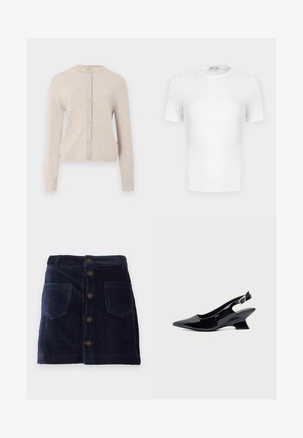 ONLY ONLCAMILLE BASIC CARDIGAN - Ζακέτα - pumice stone; Λευκό κοντομάνικο ριμπ T-shirt με στρογγυλή λαιμόκοψη, εφαρμοστή γραμμή και μικρή ετικέτα της μάρκας μέσα στο κολάρο.; Σκούρα μπλε κορδωτό φούστα με μπροστινό κουμπί και δύο πάγκους τσέπες, με κάθετη ριγωτή υφή.; Μαύρο παπούτσι slingback από πατενταρισμένο δέρμα με μυτερή μύτη και χαμηλό κεκλιμένο τακούνι τύπου block σε απλό φωτεινό φόντο.