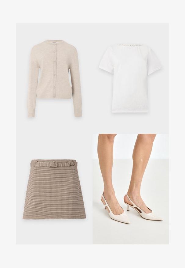 ONLY ONLCAMILLE BASIC CARDIGAN - Cardigan - pumice stone; Hvid t-shirt med korte ærmer og rund halsudskæring med en række dekorative perler langs kraven.; Brune og beige houndstooth-mønstrede shorts med bælte i taljen og rene linjer, skræddersyet struktur og glat stofstruktur.; Beige patenterede læder slingback hæle med spids tå og 5 cm hæl, med udskårne sider og en tynd ankelrem.