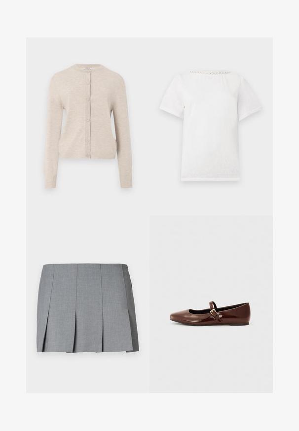 ONLY ONLCAMILLE BASIC CARDIGAN - Ζακέτα - pumice stone; Λευκό κοντομάνικο μπλουζάκι με στρογγυλή λαιμόκοψη που διαθέτει μια σειρά διακοσμητικών μαργαριταριών κατά μήκος του γιακά.; Γκρίζα πλισέ φούστα με λείο υφή, δομημένο σχέδιο και εφαρμοστό μέση. Φτιαγμένη από ελαφρύ ύφασμα με διακριτό σχέδιο.; Καφέ πατεντα δερμάτινη μπαλαρίνα με τετράγωνη μύτη και λουράκι που διαθέτει μια μικρή χρυσή πόρπη. Λείος υφή, χαμηλό τακούνι και μινιμαλιστικός σχεδιασμός.