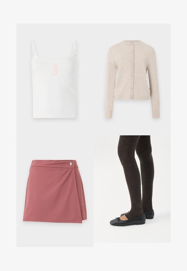 ONLY ONLCAMILLE BASIC CARDIGAN - Kardigán - pumice stone; Biele rebrované tielko s tenkými ramienkami, s malým ružovým dizajnom morskej koníka v strede. Hladká textúra, pohodlný strih.; Krátka zavinovacia sukňa v prachovo ružovej farbe s malým strieborným gombíkom pri páse na jednoduchom svetlom pozadí.; Nohy v tmavých pásikavých legínach v kombinácii s čiernymi balerínkami s malými mašličkami na bielom pozadí.