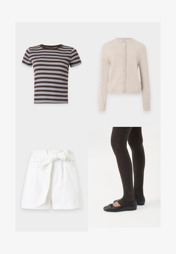ONLY ONLCAMILLE BASIC CARDIGAN - Gilet - pumice stone; T-shirt court à manches courtes rayé horizontalement marron et blanc avec un col rond sur fond uni.; Shorts blancs taille haute avec une ceinture en tissu nouée en un nœud à l'avant et des poches latérales sur un fond uni.; Jambes portant des leggings côtelés foncés associés à des ballerines noires avec de petits détails en nœud sur fond blanc.