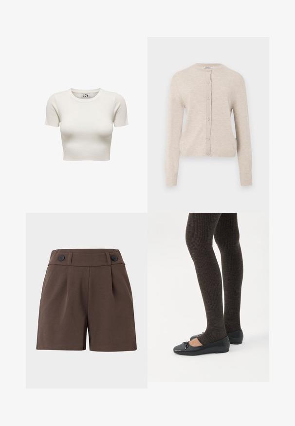 ONLY ONLCAMILLE BASIC CARDIGAN - Vest - pumice stone; Crèmekleurige korte mouwen geribbelde crop top met ronde hals en JDY merklabel binnenin de kraag, weergegeven op witte achtergrond.; Bruine shorts gemaakt van een stoffen met structuur, met een hoge taille, plooien en twee zwarte knopen aan de voorkant. Tailored ontwerp met zijzakken.; Benen met donkere geribbelde leggings gecombineerd met zwarte ballerina's met kleine strikdetails op een witte achtergrond.