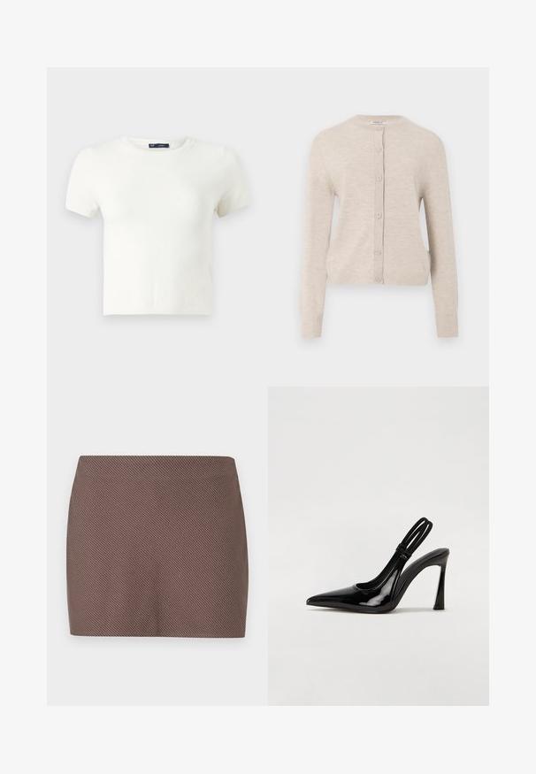 ONLY ONLCAMILLE BASIC CARDIGAN - Chaqueta de punto - pumice stone; Camiseta blanca de manga corta fabricada con un material suave. Presenta un clásico diseño de cuello redondo y un ajuste slim, sin patrones ni acentos visibles.; Falda mini marrón con un patrón de tejido texturizado, con un corte recto y líneas limpias, adecuada para un uso casual o formal.; Zapato de tacón con tirante en negro de charol, punta afilada, tacón alto y delgado, y doble tira elástica para un ajuste seguro. Superficie suave y brillante.