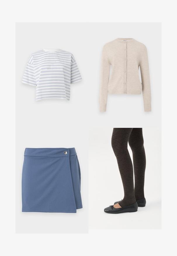 ONLY ONLCAMILLE BASIC CARDIGAN - Ζακέτα - pumice stone; Λευκό και ανοιχτό γκρι κοντομάνικο cropped μπλουζάκι με οριζόντιες ρίγες και στρογγυλή λαιμόκοψη σε μονόχρωμο φόντο.; Μπλε φούστα σε στυλ περιτύλιξης με ψηλή ζώνη μέσης και ασημένιο κουμπί κλεισίματος στη δεξιά πλευρά, παρουσιάζεται σε λευκό φόντο.; Πόδια με σκουρόχρωμα ριμπ κολάν συνδυασμένα με μαύρα μπαλαρίνα παπούτσια με μικρές λεπτομέρειες φιόγκων σε λευκό φόντο.