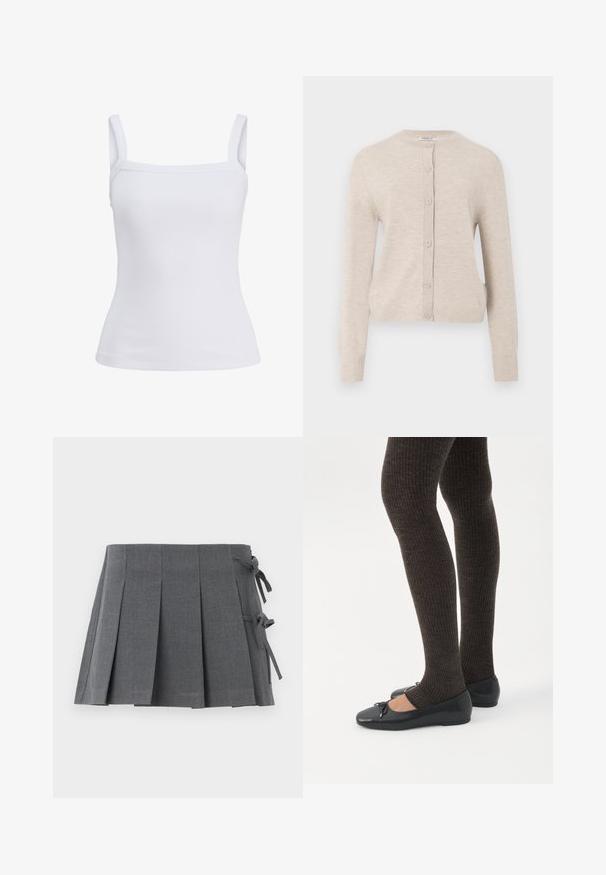 ONLY ONLCAMILLE BASIC CARDIGAN - Chaqueta de punto - pumice stone; Camiseta sin mangas blanca con textura acanalada, tirantes anchos y escote recto, mostrada sobre un fondo liso.; Minifalda plisada gris en un tejido texturizado, que presenta un cierre anudado en un lado y una cintura lisa para mayor comodidad.; Piernas con leggings oscuros acanalados combinados con bailarinas negras que presentan pequeños detalles de lazo sobre un fondo blanco.