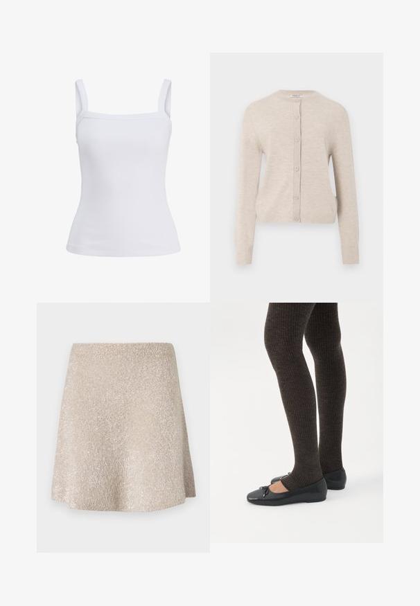 ONLY ONLCAMILLE BASIC CARDIGAN - Chaqueta de punto - pumice stone; Camiseta sin mangas blanca con textura acanalada, tirantes anchos y escote recto, mostrada sobre un fondo liso.; Mini falda beige hecha de una tela suave y texturada con un ligero brillo. Presenta una cinturilla elástica y una forma acampanada.; Piernas con leggings oscuros acanalados combinados con bailarinas negras que presentan pequeños detalles de lazo sobre un fondo blanco.