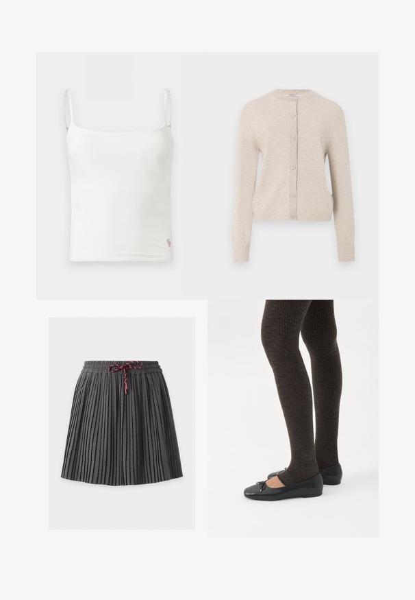 ONLY ONLCAMILLE BASIC CARDIGAN - Ζακέτα - pumice stone; Λευκό εφαρμοστό τοπάκι με λεπτές ρυθμιζόμενες τιράντες και μικρό ροζ κεντητό λογότυπο ζώου κοντά στο τελείωμα.; Σκούρα γκρι πλισέ φούστα με ελαστική μέση και δέσιμο από μπορντό κορδόνι στο κέντρο μπροστά.; Πόδια με σκουρόχρωμα ριμπ κολάν συνδυασμένα με μαύρα μπαλαρίνα παπούτσια με μικρές λεπτομέρειες φιόγκων σε λευκό φόντο.
