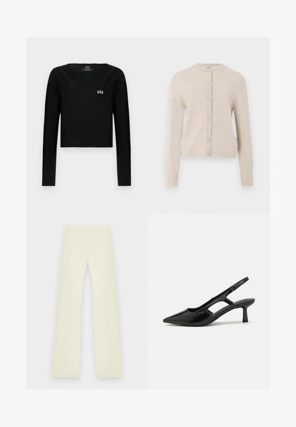 ONLY ONLCAMILLE BASIC CARDIGAN - Cardigan - pumice stone; Sort langærmet crop top i bomuld med rund halsudskæring og hvid broderet "GAP" logo på brystet. Glat tekstur.; Kremfarvede strikkede bukser med udvidet ben og ribbet, lodret tekstur, lagt fladt på en hvid baggrund.; Sorte slingback hæle med spidse tæer, lavet af blankt materiale, med udskæringsdetaljer og en moderat hæl for støtte.