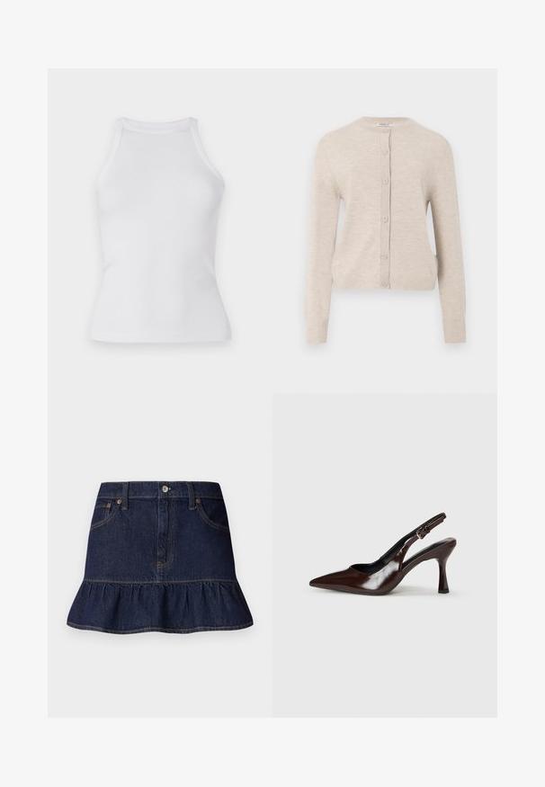 ONLY ONLCAMILLE BASIC CARDIGAN - Chaqueta de punto - pumice stone; Camiseta sin mangas de canalé blanca con un diseño ajustado y escote redondo. Fabricada con una tela elástica para mayor comodidad y facilidad de movimiento.; Falda de mezclilla oscura con dobladillo con volantes, diseño de cinco bolsillos, trabillas para cinturón y cierre frontal de botón. Textura suave y corte recto.; Zapatos de tacón slingback de charol marrón con punta afilada, tacón delgado y correa ajustable con una pequeña hebilla.