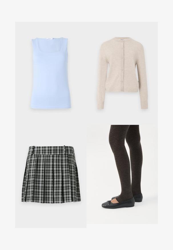 ONLY ONLCAMILLE BASIC CARDIGAN - Chaqueta de punto - pumice stone; Top sin mangas de color azul claro con un escote cuadrado, hecho de una tela suave, que presenta un diseño ajustado y una silueta minimalista.; Falda plisada de cuadros en blanco y negro con una cintura suave y múltiples pliegues verticales. Fabricada en un tejido ligero.; Piernas con leggings oscuros acanalados combinados con bailarinas negras que presentan pequeños detalles de lazo sobre un fondo blanco.