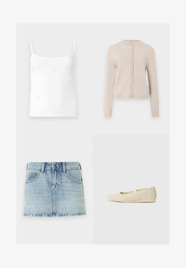 ONLY ONLCAMILLE BASIC CARDIGAN - Chaqueta de punto - pumice stone; Top de tirantes finos blanco con canalé, escote redondeado y forma ajustada, hecho de una suave mezcla de algodón.; Minifalda vaquera en azul claro, con tachuelas plateadas dispersas, diseño de cinco bolsillos y borde deshilachado. Cierre con botón en la cintura.; Bailarinas beige con un exterior de cuero liso, punta en forma de almendra y una correa elástica en el empeine, con detalles de costura sutiles.