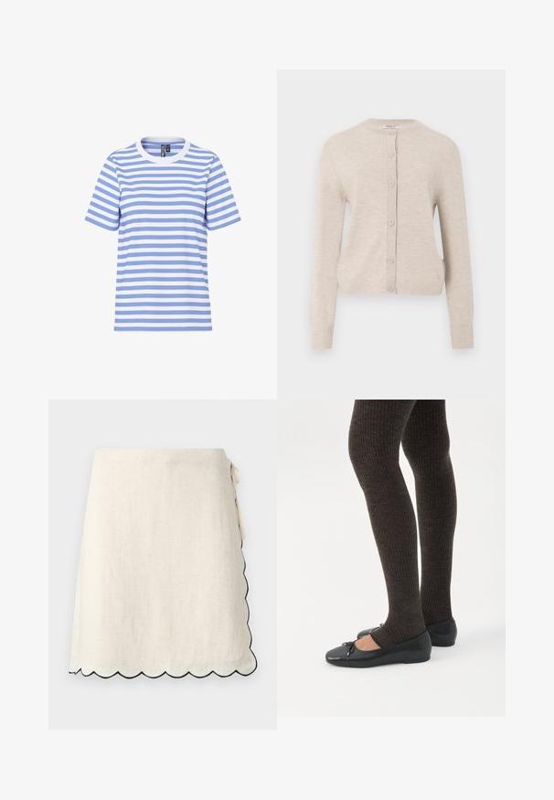 ONLY ONLCAMILLE BASIC CARDIGAN - Kardigán - pumice stone; Tričko s krátkym rukávom s horizontálnymi svetlomodrými a bielymi pruhmi, okrúhlym výstrihom a viditeľnou značkou vo vnútri goliera.; Krémovo biela zavinovacia sukňa s okrúhlym lemom obšitým čiernou farbou, uviazaná na správnej strane v páse.; Nohy v tmavých pásikavých legínach v kombinácii s čiernymi balerínkami s malými mašličkami na bielom pozadí.